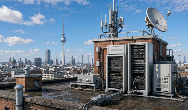 Visualisierte Berliner Dachlandschaft mit Netzwerk- und Telekommunikationstechnik